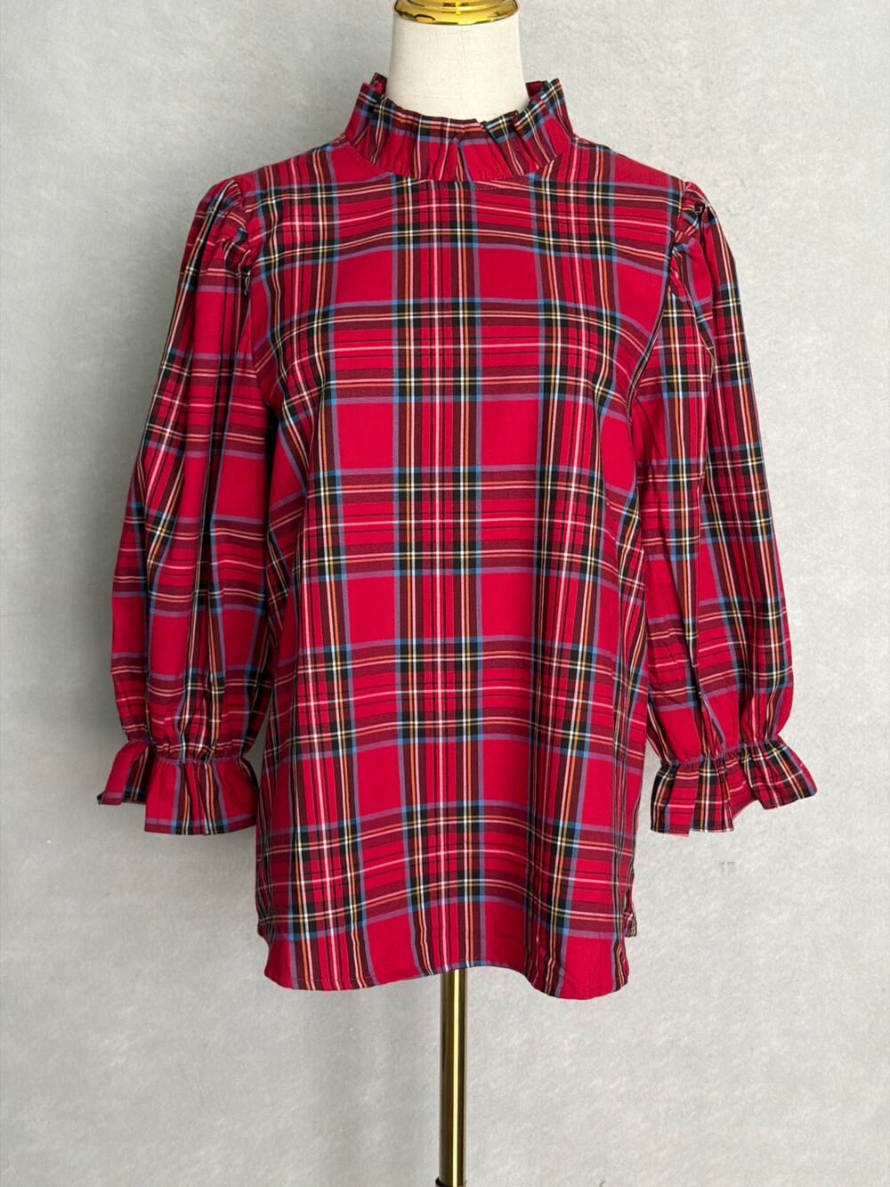 J. Marie Hollin Bow Top Long Sleeve Red Plaid Women's Small NEW